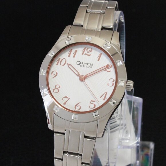 Caravelle Ladies Watch Crystal Studded Bezel Textured Dial Rose Hands 32mm main image 11